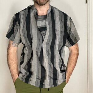 Vintage Tokyu Striped T Shirt Men’s Size Large Band Collar Gray Black